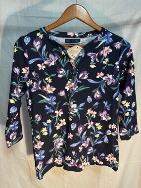 NWT Karen Scott Floral 3/4 Sleeve Henley Top Navy Purple Pink Size PM